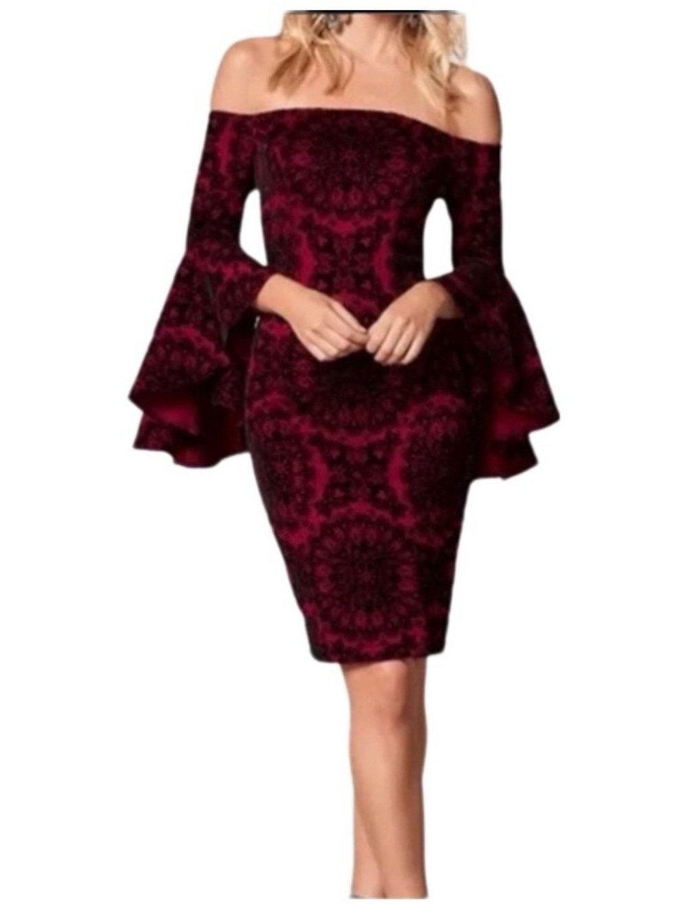 VENUS Burgundy off the shoulder Bell-Sleeve Dress